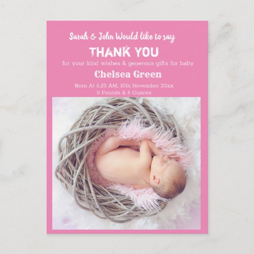 Girl Baby Birth Announcement Thank You Postcard