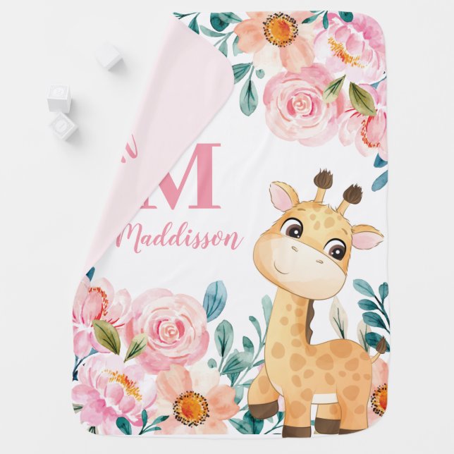 Girl Baby Blanket with Flower, Giraffe Monogram (In Situ)