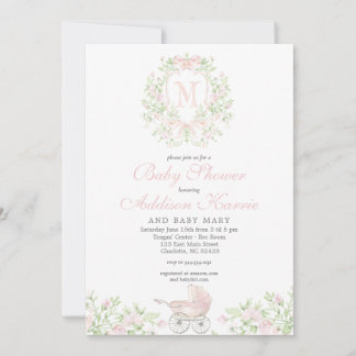 Girl baby carriage Monogram Invitation