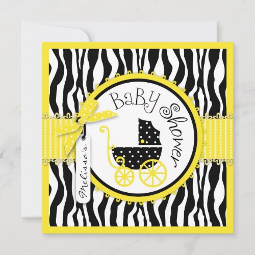 GIRL Baby Carriage Zebra Print Yellow Baby Shower Invitation