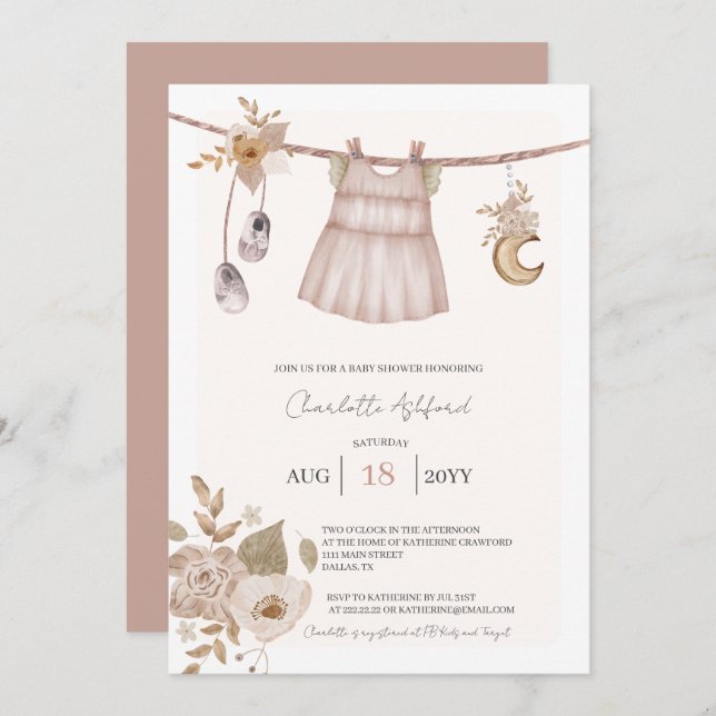 Girl Baby Clothes Boho Baby Shower Invitation (Front/Back)