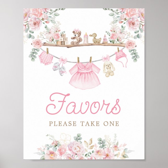 Girl Baby Clothes Pink Clothesline Favors Sign (Front)