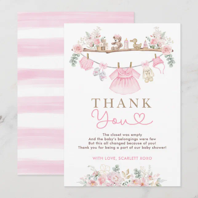 Girl Baby Clothes Pink Floral Baby Shower Thank You Card | Zazzle