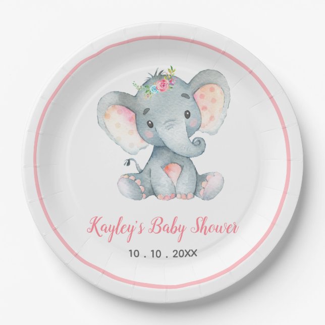 Girl Baby Elephant Baby Shower (Floral) Paper Plates (Front)