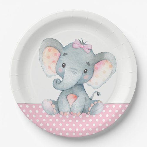 Girl Baby Elephant Baby Shower Paper Plates
