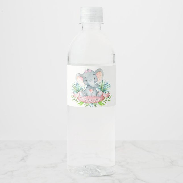 Girl Baby Elephant Baby Shower Water Bottle Labels (Front)