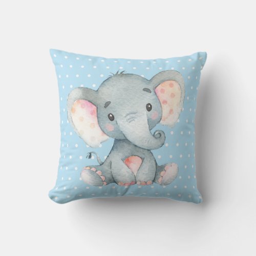 Girl Baby Elephant Blue and Gray Throw Pillow