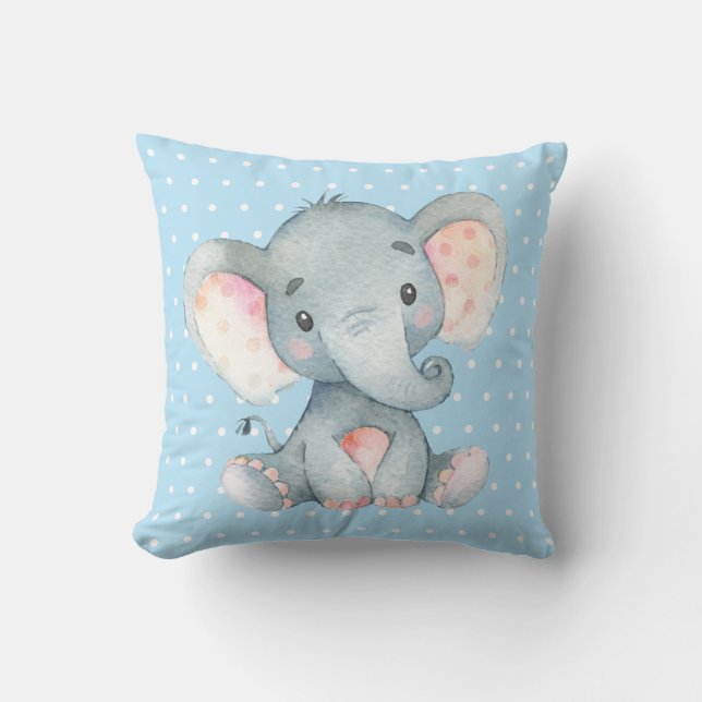 Girl Baby Elephant Blue and Gray Throw Pillow (Front)