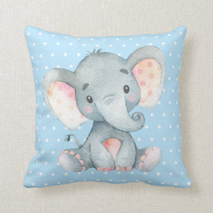 Girl Baby Elephant Blue and Gray Throw Pillow