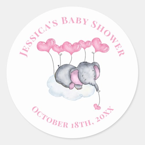 Girl Baby Elephant on White Cloud Baby Shower Classic Round Sticker