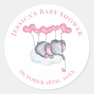 Girl Baby Elephant on White Cloud Baby Shower Classic Round Sticker