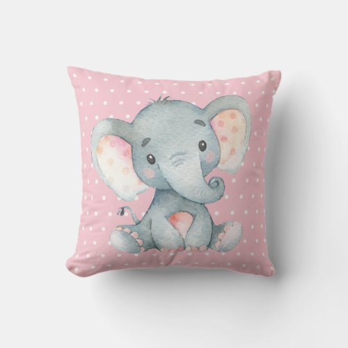 Girl Baby Elephant Pink and Gray Throw Pillow