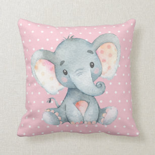 Girl Baby Elephant Pink and Gray Throw Pillow