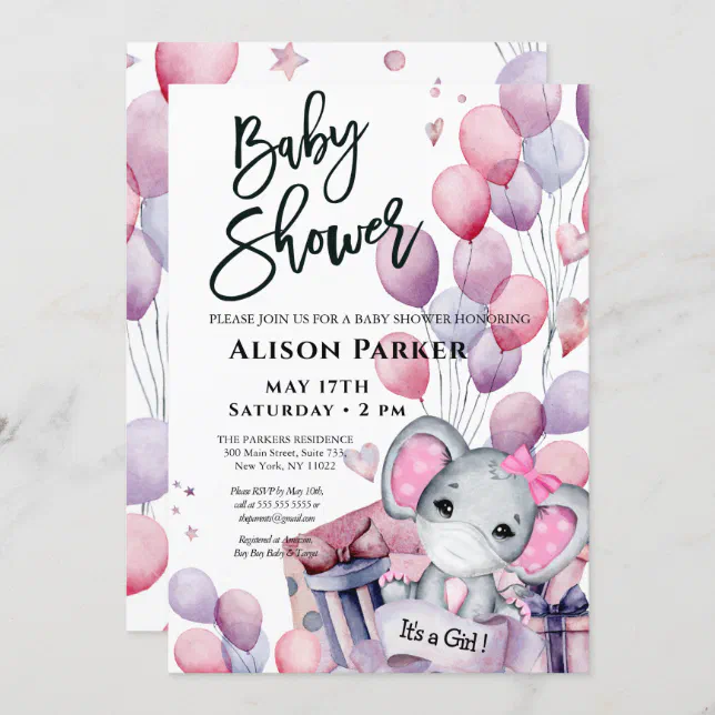 Girl Baby Elephant Pink Balloons Cute Baby Shower Invitation | Zazzle