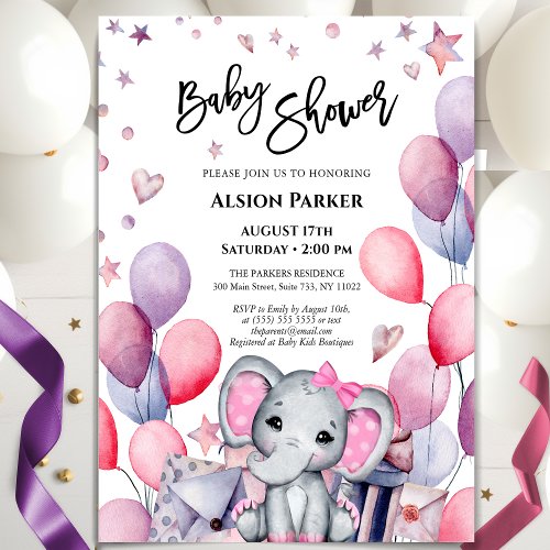 Girl Baby Elephant Pink Balloons Cute Baby Shower Invitation