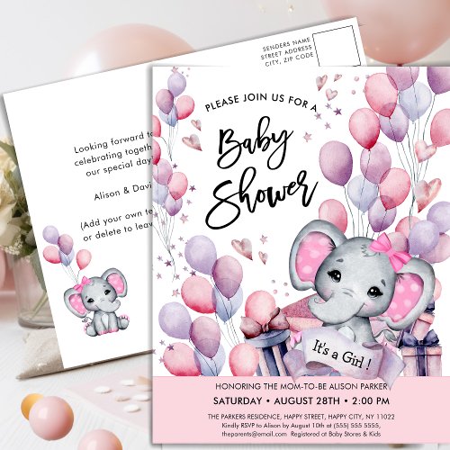 Girl Baby Elephant Pink Balloons Cute Baby Shower Invitation Postcard