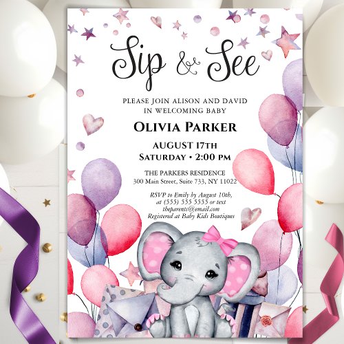 Girl Baby Elephant Pink Balloons SIP AND SEE Invitation