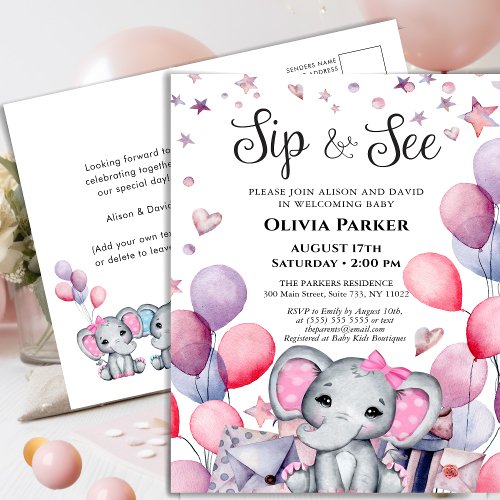 Girl Baby Elephant Pink Balloons SIP AND SEE Invitation Postcard