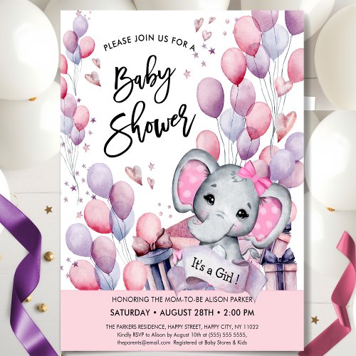 Girl Baby Elephant Pink Balloons Stars Baby Shower Invitation