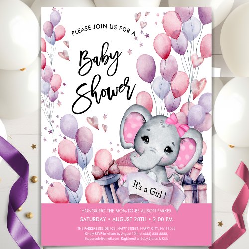 Girl Baby Elephant Pink Balloons Sweet Baby Shower Invitation