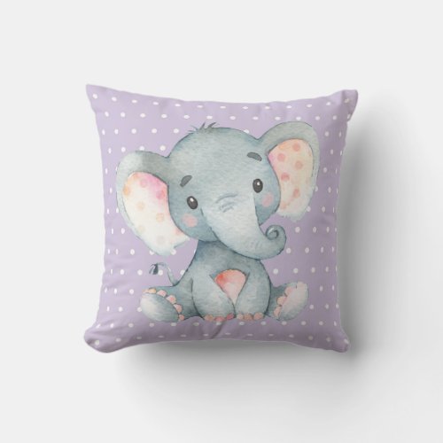 Girl Baby Elephant Purple and Gray Throw Pillow