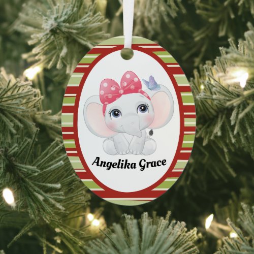 Girl Baby Elephant with Bow Custom Name Metal Ornament