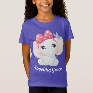 Girl Baby Elephant with Bow Custom Name T-Shirt