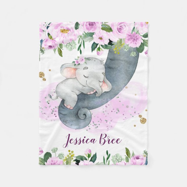 Girl Baby Elephant With Soft Pink Flowers Fleece Blanket (Front)