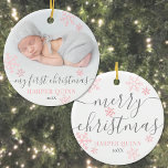 Girl Baby First Christmas Photo Ceramic Ornament<br><div class="desc">Introducing a beautifully simple and elegant Christmas ornament, perfect for celebrating a baby girl's first holiday season. The front features a sweet photo of your little one with the phrase "My First Christmas" in soft gray script, along with the baby’s name in blush pink and the year beneath. Blush pink...</div>