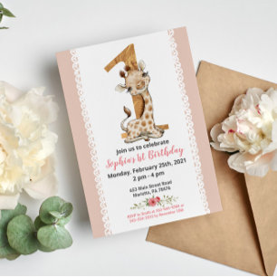 Girl Baby Giraffe 1st Birthday Invitation