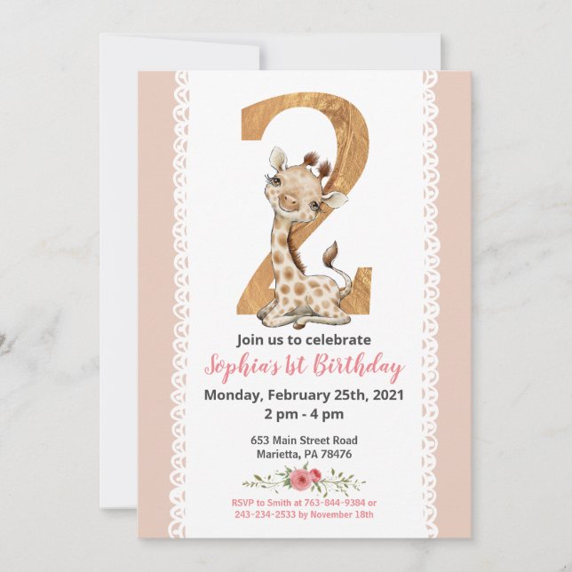 Girl Baby Giraffe 2nd Birthday Invitation (Front)
