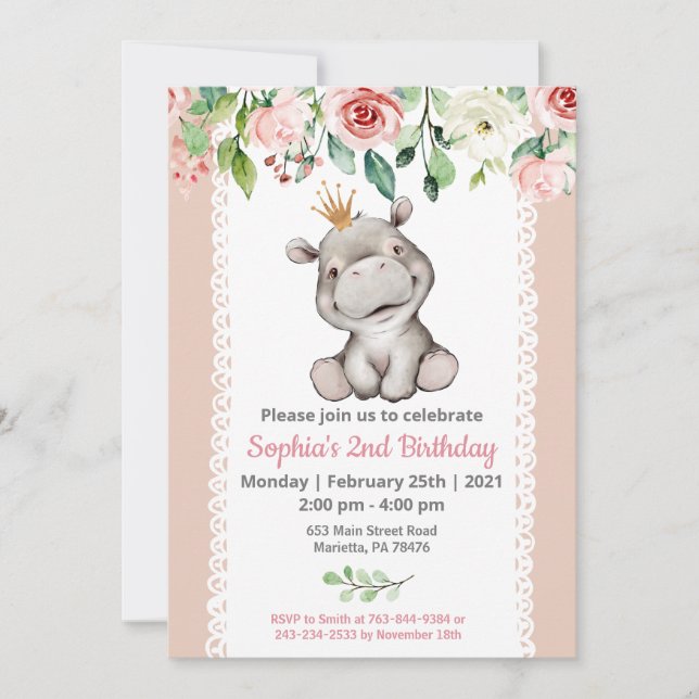 Girl Baby Hippo Birthday Party Invitation (Front)