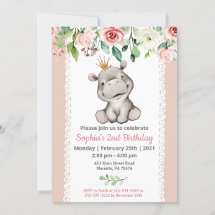 Girl Baby Hippo Birthday Party Invitation