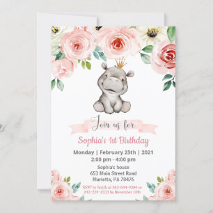 Girl Baby Hippo Birthday Party Invitation