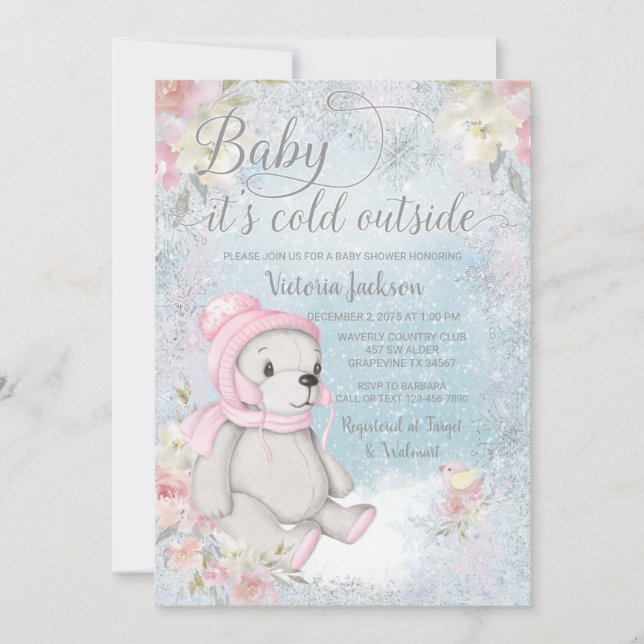 Girl Baby Its Cold Outside Bear Baby Shower Invitation (Front)