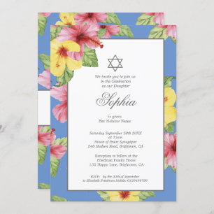 Girl Baby Naming Blue Hebrew Floral Blue Invitation