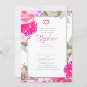 Girl Baby Naming Ceremony Hebrew Floral Silver Invitation