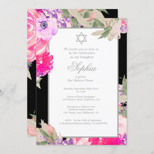 Girl Baby Naming Ceremony Hebrew Floral Silver Invitation