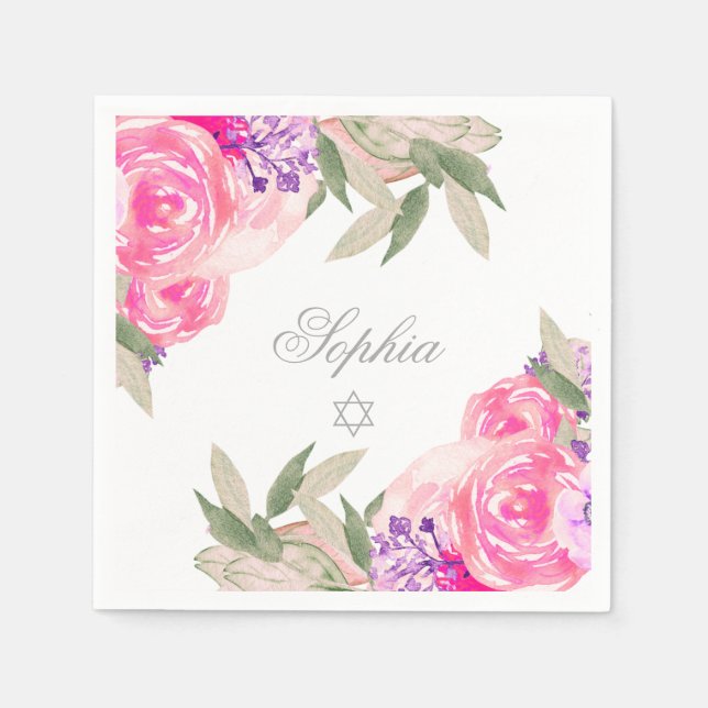 Girl Baby Naming Ceremony Hebrew Floral Silver Napkins (Front)