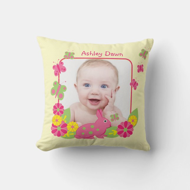 Girl Baby Photo Template Bunny Butterflies Flowers Throw Pillow (Front)