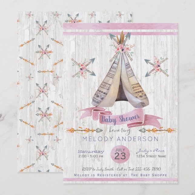 Girl Baby Pink Shower Boho Chic Teepee & Arrows Invitation (Front/Back)