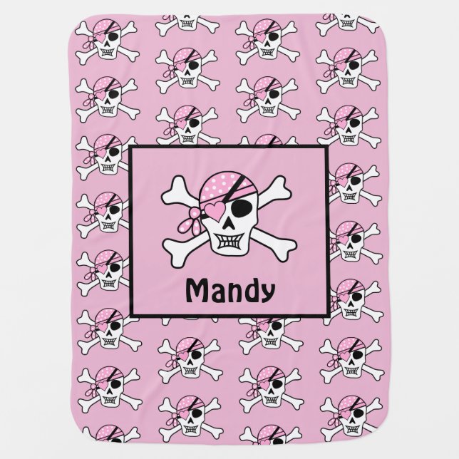 Girl Baby Pirate Skull and Bones Pink Baby Blanket (Front)