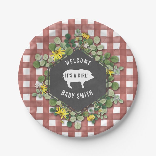 Girl Baby Q Wildflower Gingham Baby Shower Paper Plates (Front)