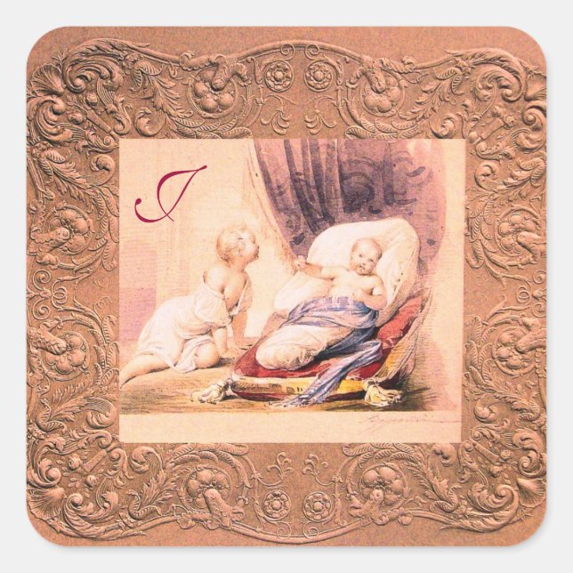 GIRL BABY SHOWER ANTIQUE PINK FLORAL MONOGRAM SQUARE STICKER (Front)