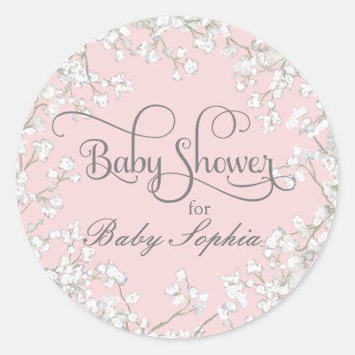 Girl Baby Shower Babys Breath Boho Floral Wreath Classic Round Sticker