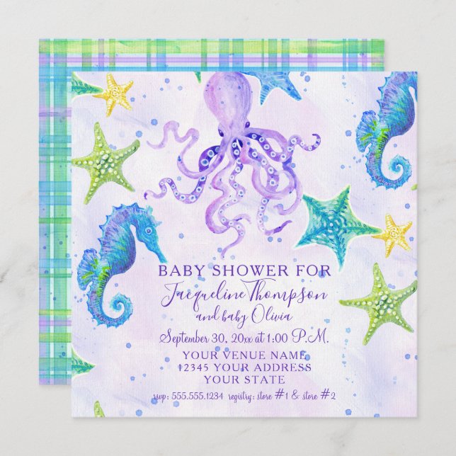 Girl Baby Shower Beach Starfish Octopus Seahorse Invitation (Front/Back)