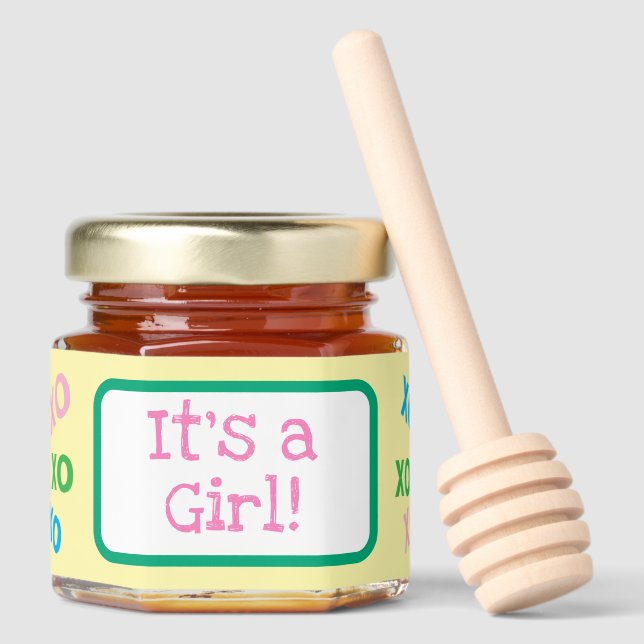 Girl Baby Shower Blue Yellow Kiss Hug Honey Jar Favors (Front)