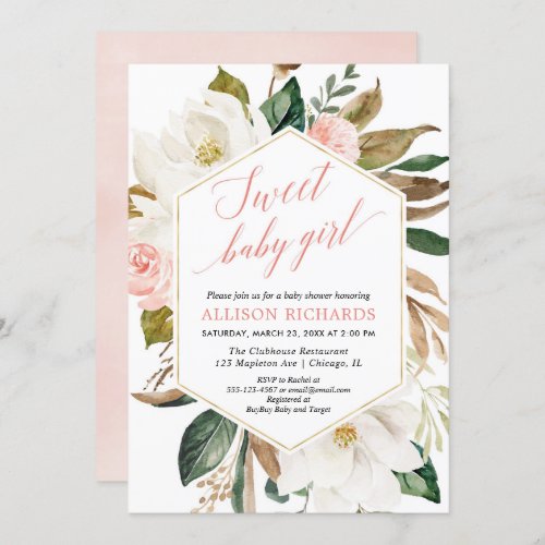 Girl baby shower blush greenery magnolia floral invitation