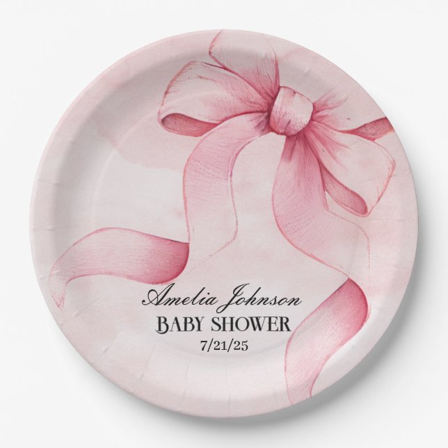 Girl Baby Shower Blush Pink Ribbon Coquette  Paper Plates (Front)
