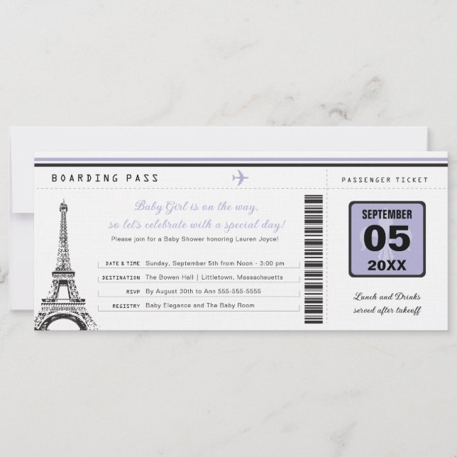 Girl Baby Shower Boarding Pass to Paris Invitation (Front)